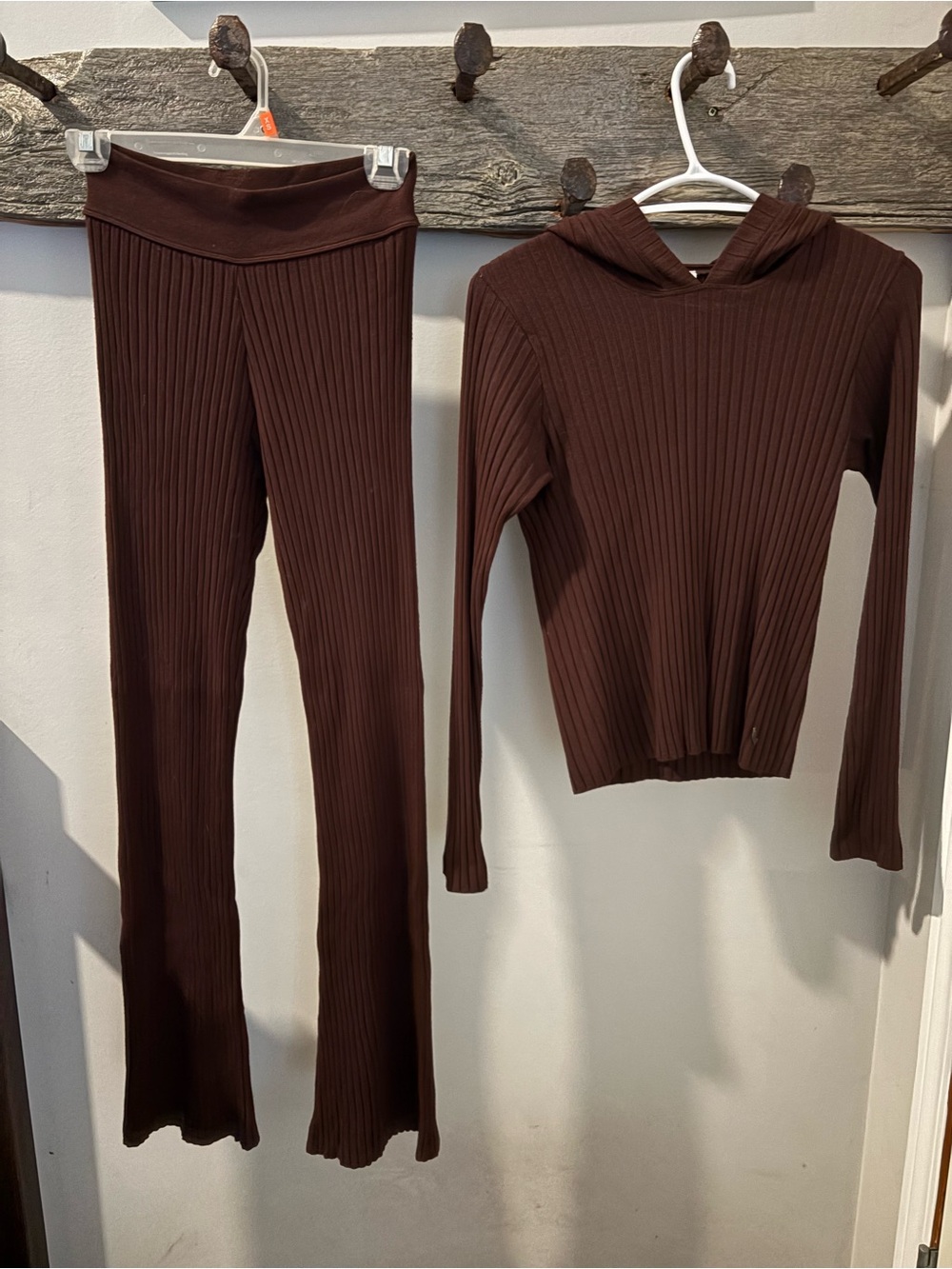 Lole Ribbed Hooded Top & Flare Pants Set - Chocolate Brown - lounge wear set